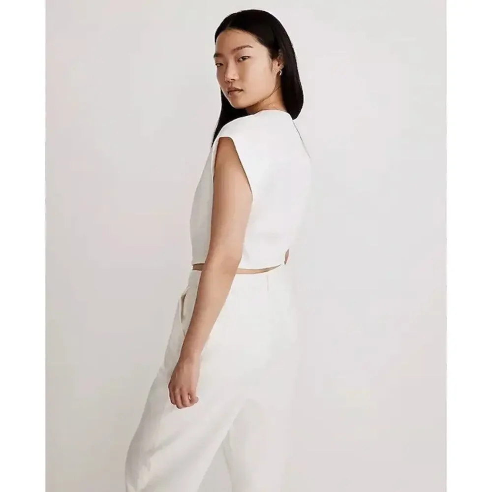 Madewell White Cropped V-Neck Button Front Top - Picture 3 of 7